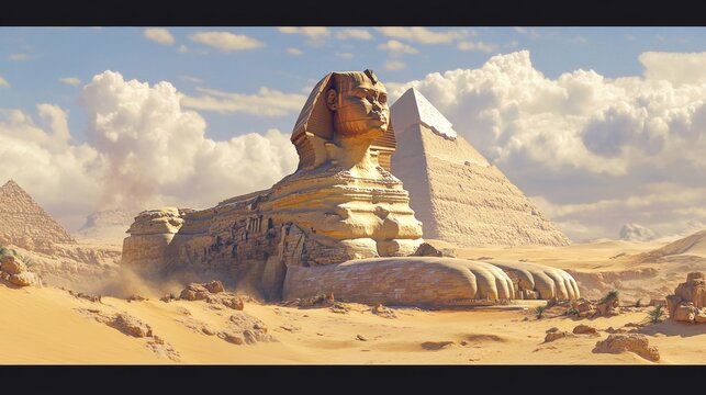 The Great Sphinx is near the pyramids in the Giza desert in Egypt.
