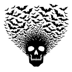 Obraz premium Bat swarm forming skull, black silhouette vector on transparent background