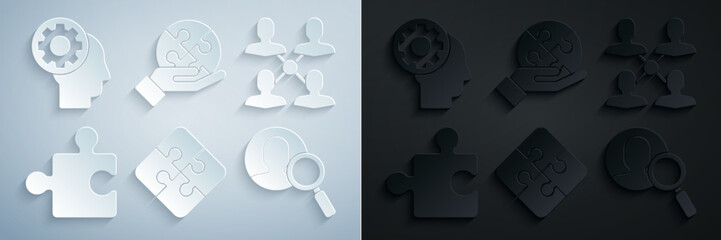 Obraz premium Set Piece of puzzle, Project team base, Magnifying glass for search people, hand and Human head with gear inside icon. Vector
