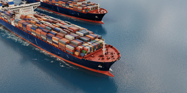 Two container ships sailing side by side in ocean