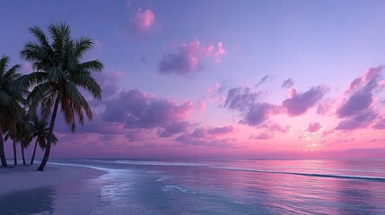 Serene Tropical Beach at Sunset with Palm Trees and Pink Sky
