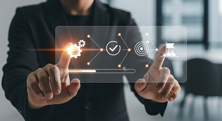 A digital task completion workflow, illustrating process completion and goal achievement through interaction with a virtual interface.