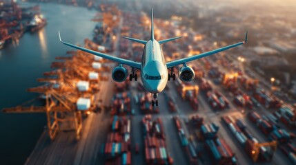 Passenger aircraft flying above container port terminal, air cargo concept, global logistics industry, international shipping business, transportation trade theme, supply chain operations.