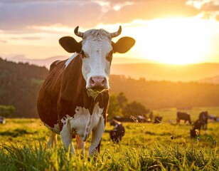 Brown And White Cow In A Lush Green Pasture At Sunset