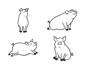 Four charming hand drawn line art illustrations of playful pigs in various cute sitting and lying down poses on a white background