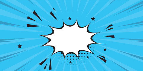 Pop art halftone background. Comic starburst pattern. Blue banner with star speech bubble. Vintage duotone texture. Gradient wow design. Cartoon superhero print. Vector illustration. © HARTA