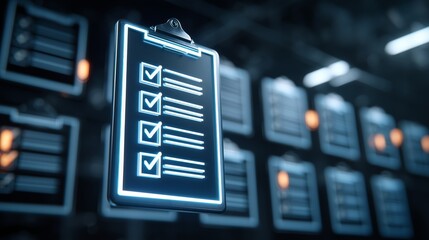 Neon Clipboard with Glowing Checklist in Futuristic Space Expressing Organization, Task Completion and Efficiency, Abstract Visualization of Digital Productivity, Automation and Workflow Systems