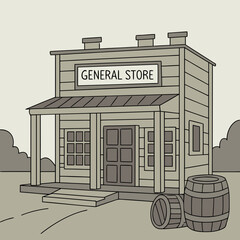 Vector art of a vintage general store with barrels in front of it in monochrome