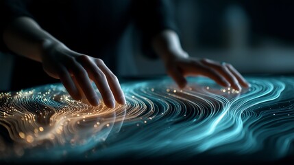 Hands touching glowing digital surface with flowing blue and orange data streams, abstract human technology interaction, virtual interface visualization of information control, analytics, connectivity