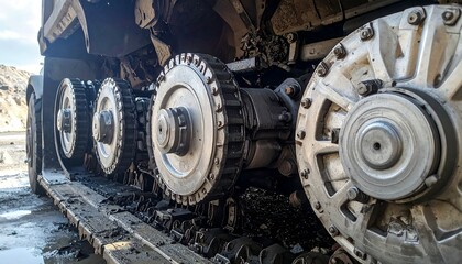 Close-up of heavy machinery's intricate track system, showcasing its robust construction and powerful components