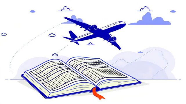 Simplified vector silhouette of a blue airplane flying above an open book for presentation