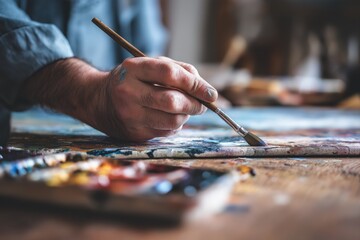 Fototapeta premium Close-up of male hand painting with brush on canvas in art studio. Creative process with oil paints and artistic focus