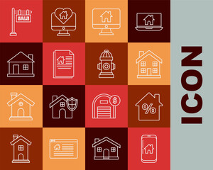 Set line Mobile phone with smart home, House percant discount tag, Home symbol, Computer monitor, contract, Hanging sign text Sale and Fire hydrant icon. Vector