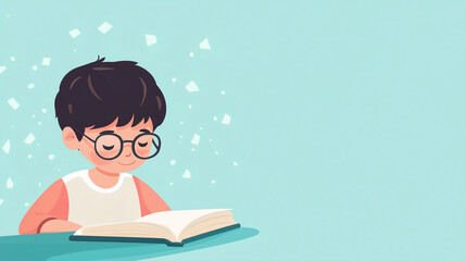 Young boy reading book with glasses in minimalistic blue background  