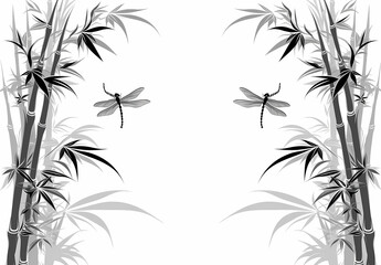 Naklejka premium Asian Ink Style Dragonflies and Bamboo Elegant Minimalist Illustration