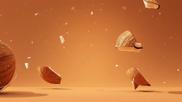 Coconut Exploding into Multiple Pieces Against a Soft Orange Background