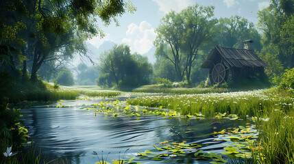 3D The Hay Wain with lush landscapes