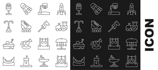 Set line Car tire hanging on rope, Attraction carousel, Toy train, Basketball backboard, Roller skate, Street light, Trash can and horse icon. Vector