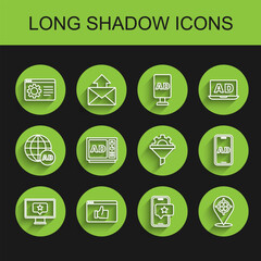 Set line Monitor with star, Customer product rating, Browser setting, Mobile review, Target, Advertising, and Sales funnel gear icon. Vector