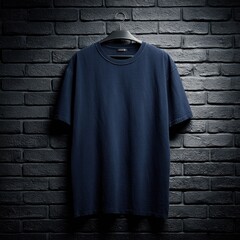 Dark navy blue t-shirt on a hanger, against a dark brick wall