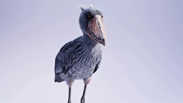 A shoebill stands facing forward against a light neutral backdrop displaying its distinctive large bill and grey plumage