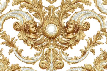 Gold And White Baroque Ornament With Cherubs On Black Background