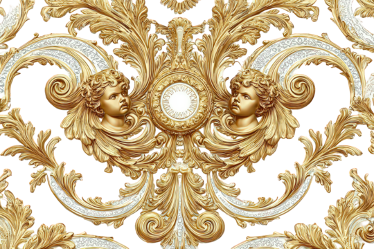 Gold And White Baroque Ornament With Cherubs On Black Background