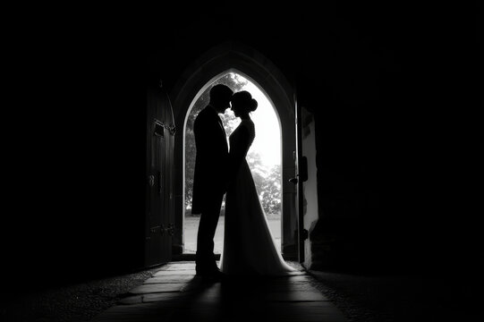 Silhouette of Couple Embracing Under Stone Church Archway at Twilight
