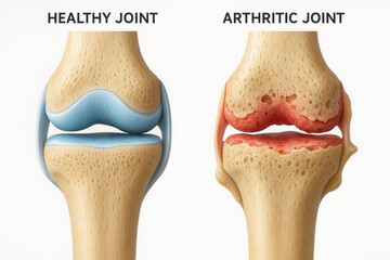 Medical illustration comparing a healthy knee joint to an arthritic knee joint, highlighting the differences in cartilage and bone structure.