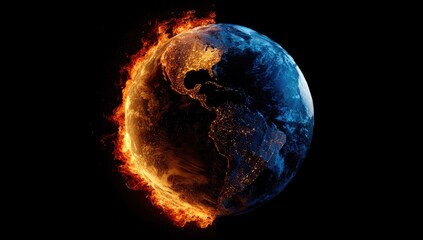 Half-Earth aflame, half-cool.  Global warming visualized.  Fiery, burning half contrasted with the blue-toned, cooler half