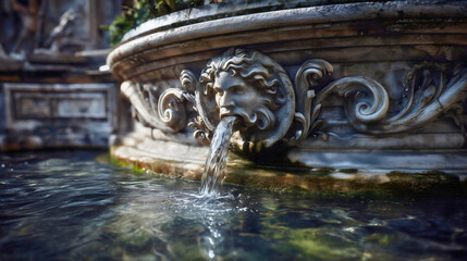 A close-up of an ancient Roman style stone fountain, a detailed sculpture of a face with flowing water, a beautiful and historical piece of classical architecture, a travel landmark in a European city