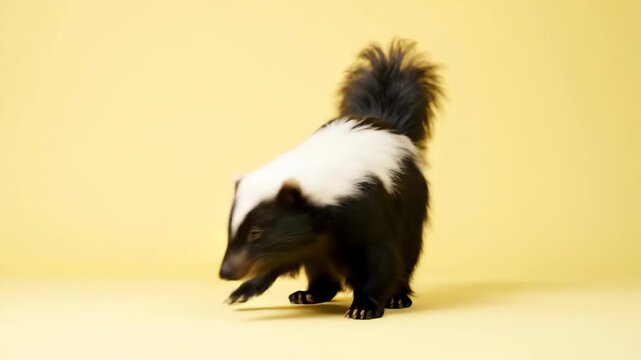 A skunk stands facing forward featuring distinct black  white fur a bushy tail against a light yellow background
