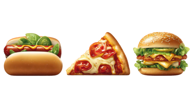Hot Dog Pizza Slice and Burger on Transparent Background - Powered by Adobe