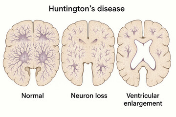 Illustration of brain cross-sections showing Huntington's disease progression: normal brain, neuron loss, and ventricular enlargement.