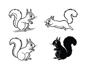 Four charming hand drawn cartoon squirrels in different playful poses and styles including silhouette illustration for design