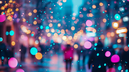 Enchanting bokeh wonderland of blurred multicolored lights illuminating vibrant city night, with abstract human figures creating festive urban ambiance
