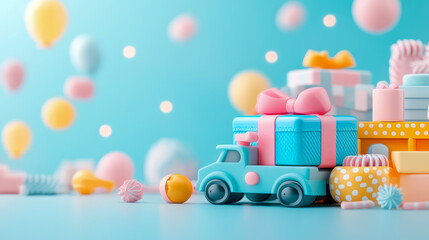 Charming pastel-themed celebration scene with gift-laden toy truck, floating balloons, and adorable festive decorations on soft blue background, evoking joy and childhood wonder