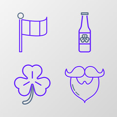 Set line Mustache and beard, Four leaf clover, Beer bottle with four and National Ireland flag icon. Vector