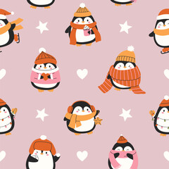 Cartoon seamless pattern of Christmas with cute funny penguins. Trendy background for Christmas and New Year decoration. Hand drawn design for print, poster, banner, wrapping paper, wallpaper