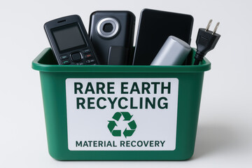 Electronic waste recycling bin containing rare earth element devices from technology industry for environmental material recovery
