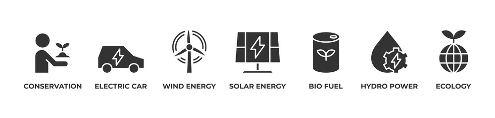 Eco Innovation Hub Icons set vector illustration glyph with Conservation, Electric car, Wind energy, Solar energy, Bio fuel, Hydro power, Ecology