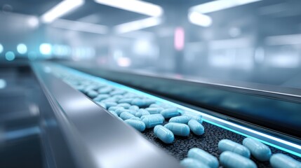 Fototapeta premium pharmaceutical pill production line, capsules moving along conveyor, soft sterile lighting, futuristic lab setting