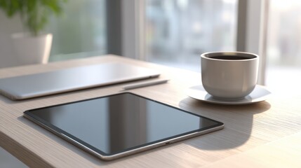 tablet on modern desk next to coffee cup, morning light from side window, tech workspace scene