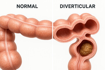 Medical illustration comparing a normal colon section with a diverticular colon section, showing diverticula and fecal impaction.