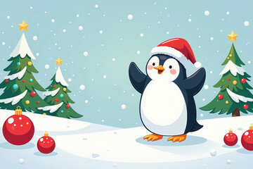 Penguin in Santa hat waves in a snowy landscape with decorated Christmas trees and ornaments.