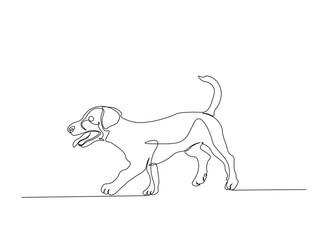 Pet dog in single outline illustration. Continuous line art drawing of cute dog. Editable stroke.