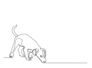Pet dog in single outline illustration. Continuous line art drawing of cute dog. Editable stroke.
