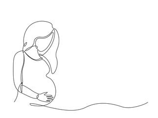 Pregnant woman in single outline illustration. Continuous line art drawing of pregnant woman holding her belly. Editable stroke.