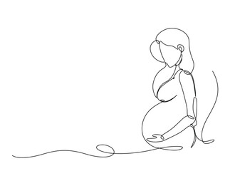 Pregnant woman in single outline illustration. Continuous line art drawing of pregnant woman holding her belly. Editable stroke.