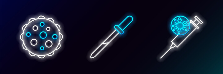 Set line Syringe and virus, Virus and Pipette icon. Glowing neon. Vector